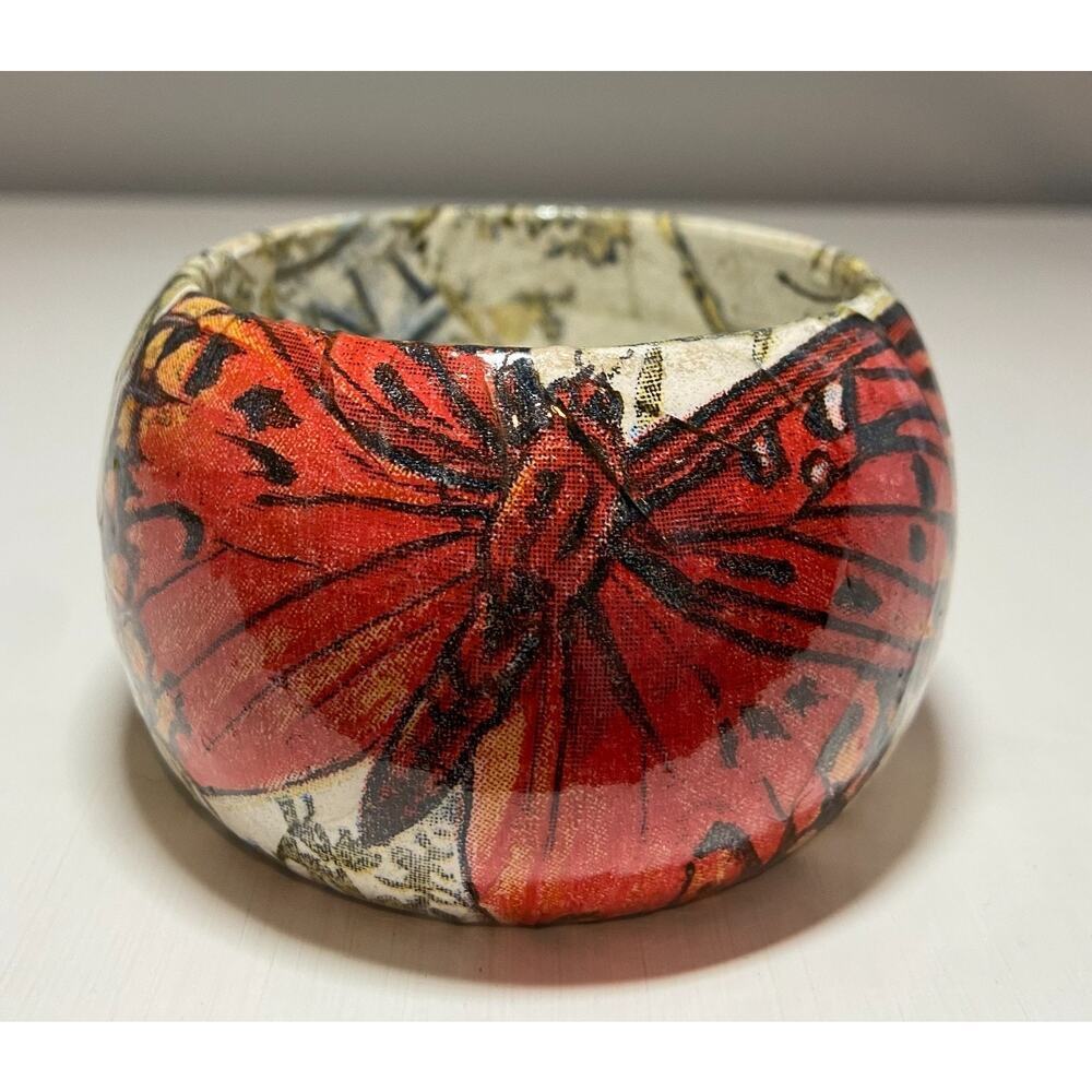 Decoupage Red Butterfly Bangle Bracelet 2" Width
